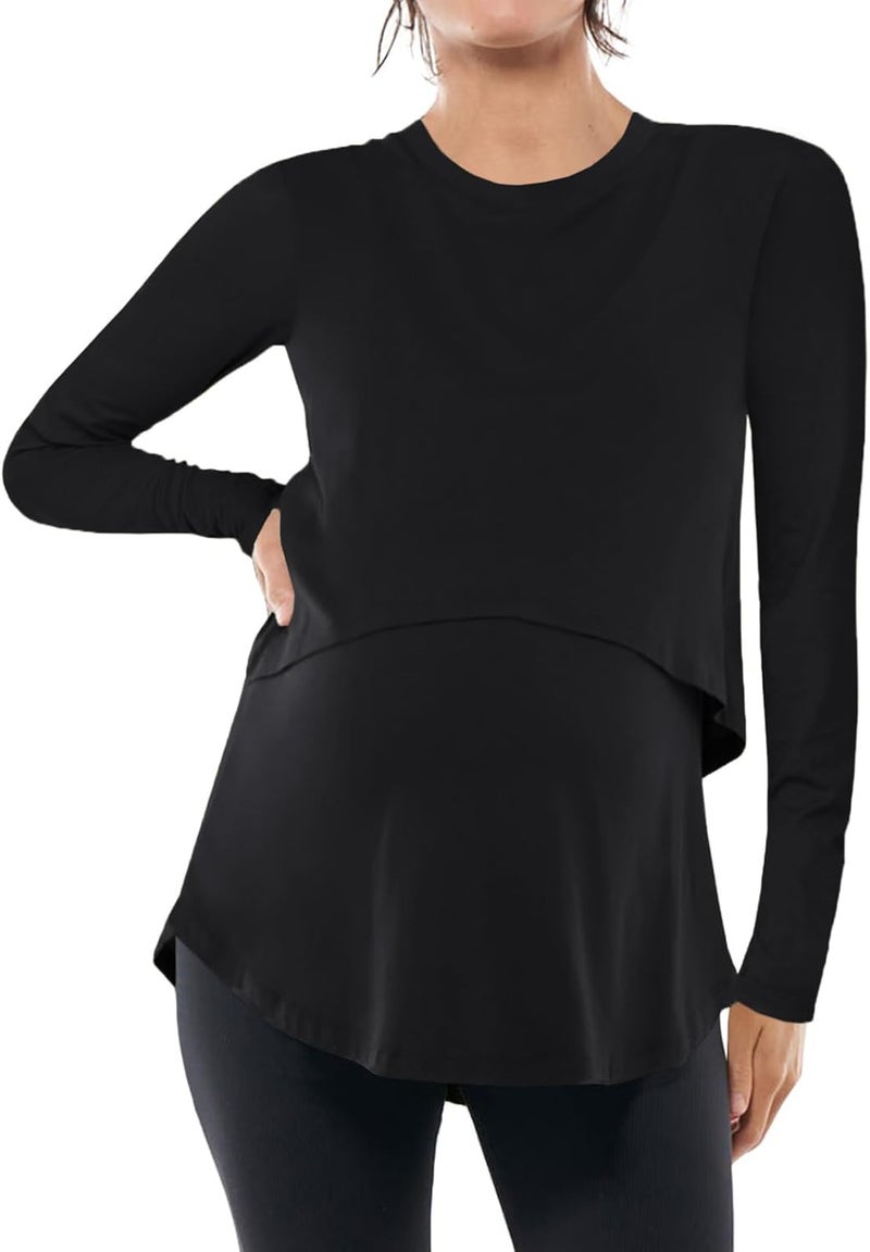 UNCLECAT Store Womens Maternity Nursing Tops Casual Long Sleeve Double Layer Breastfeeding Shirts Pregnancy Clothes Black - Image 1